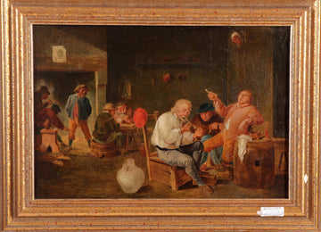 Antique English oil on painting from 1800 depicting a tavern with men