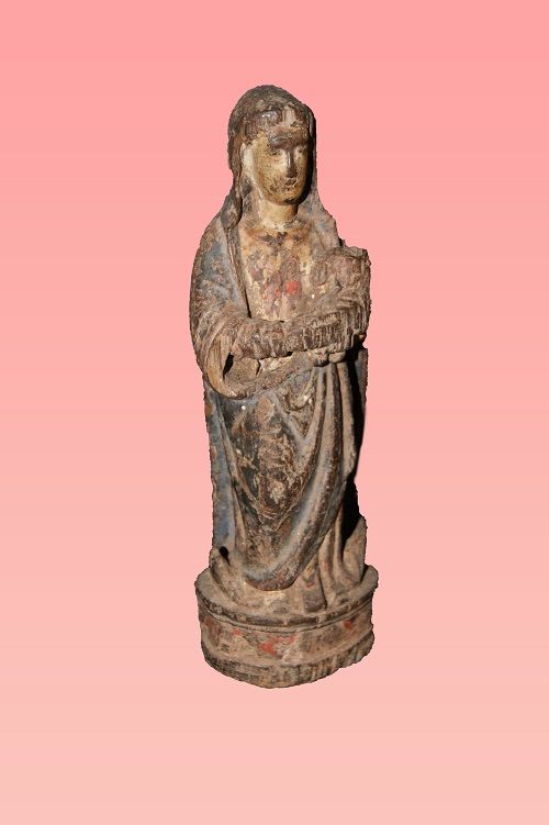 Antica scultura "Madonna con Bambino" in legno decorato