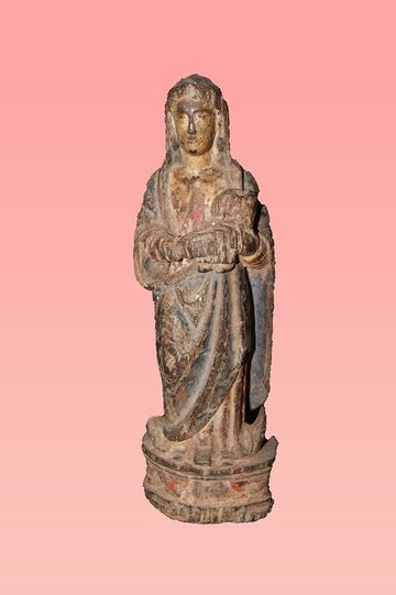 Antica scultura "Madonna con Bambino" in legno decorato
