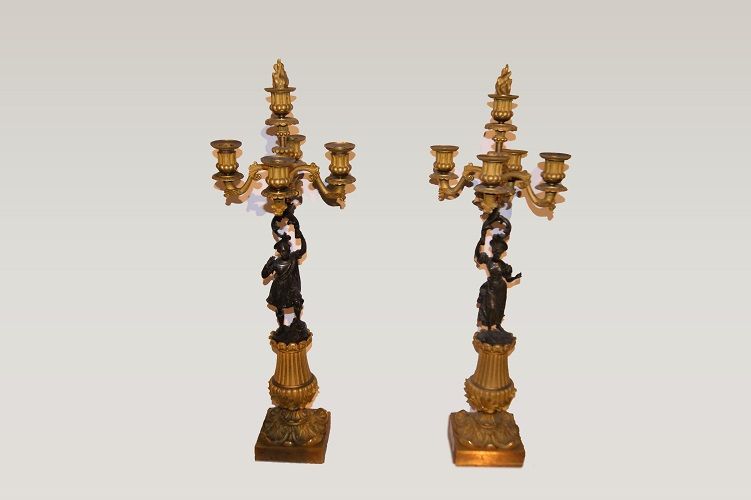 Coppia di candelabri candelieri in bronzo del 1800 Impero Francesi