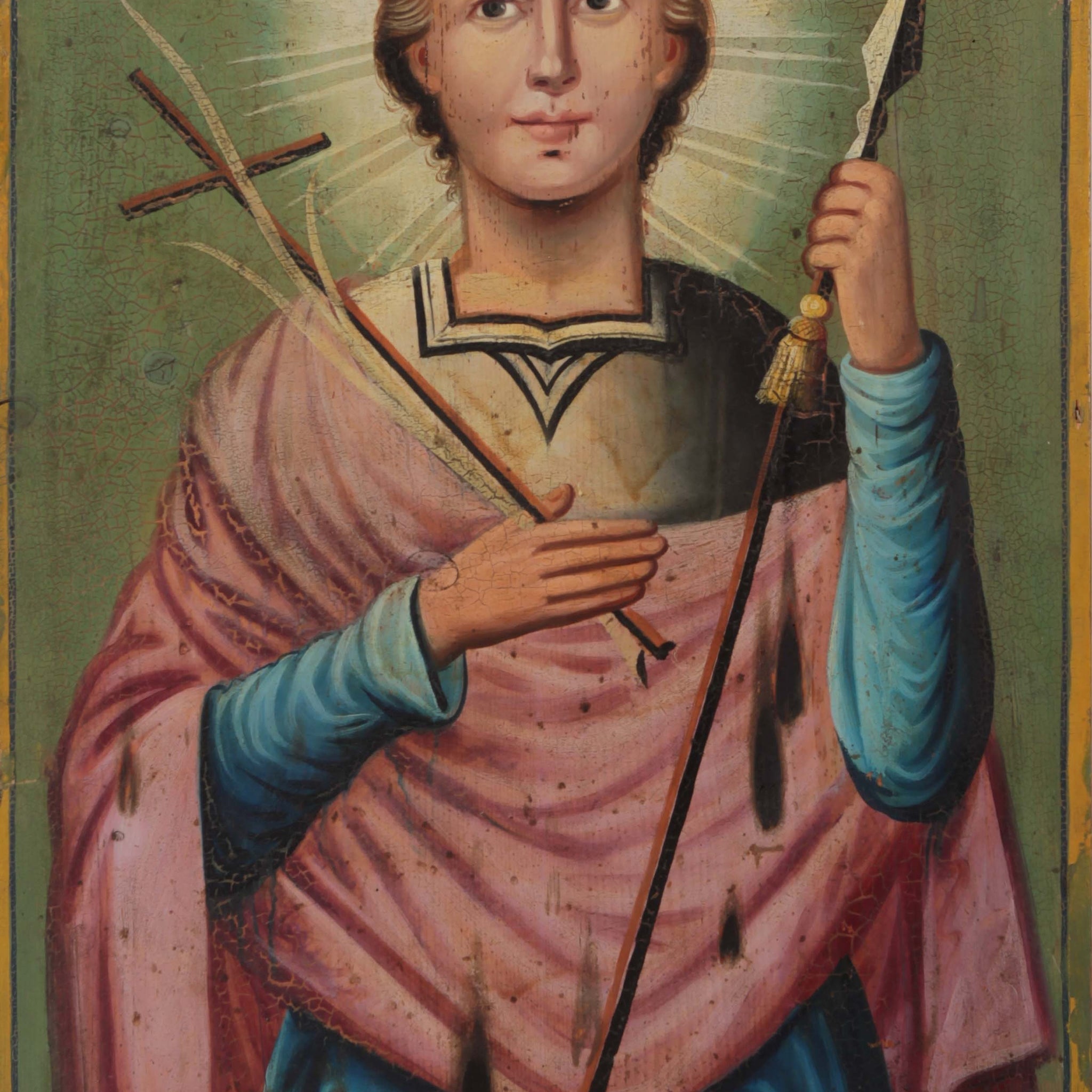 Antica icona del 1800 raffigurante San Demetrio con lancia e crocifisso