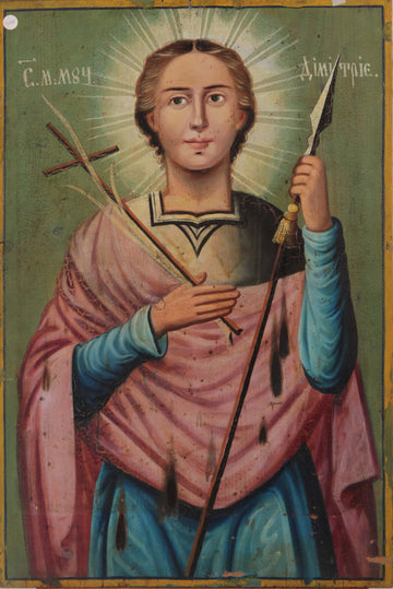 Icône ancienne de 1800 représentant Saint Démétrius avec une lance et un crucifix