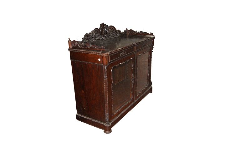 Elegante credenza antica scura francese del 1800 Luigi Filippo alzata