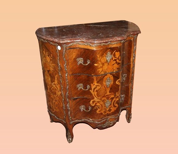 Antico piccolo comò del 1800 Luigi XV con intarsi marmo e bronzi