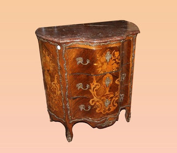 Petite commode ancienne Louis XV de 1800 avec incrustations de marbre et bronze