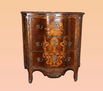 Petite commode ancienne Louis XV de 1800 avec incrustations de marbre et bronze