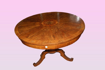 Table circulaire fixe antique des années 1800 avec incrustations en bois de noyer