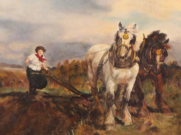 Huile sur toile anglaise antique représentant un paysage rural avec des animaux