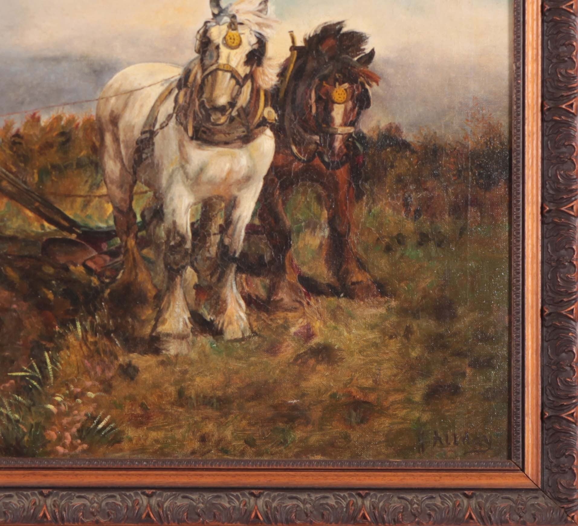Antico olio su tela inglese raffigurante paesaggio campestre con animali