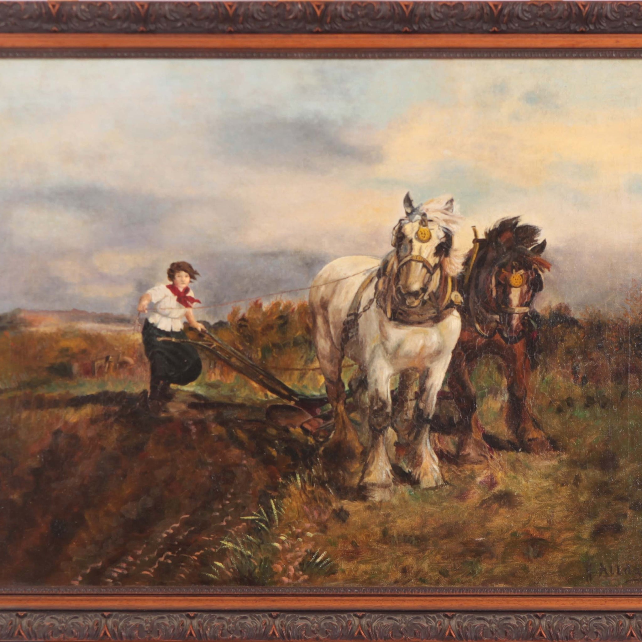 Antico olio su tela inglese raffigurante paesaggio campestre con animali