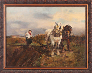 Antique English oil painting depicting a rural landscape with animals