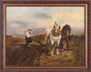 Huile sur toile anglaise antique représentant un paysage rural avec des animaux