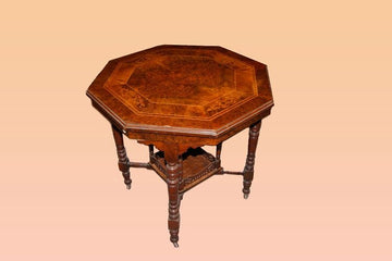Antique Victorian coffee table from the 1800s inlaid in walnut and elm