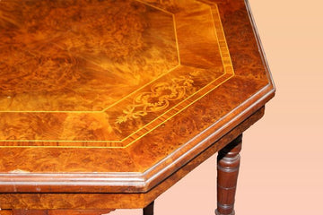 Antique Victorian coffee table from the 1800s inlaid in walnut and elm