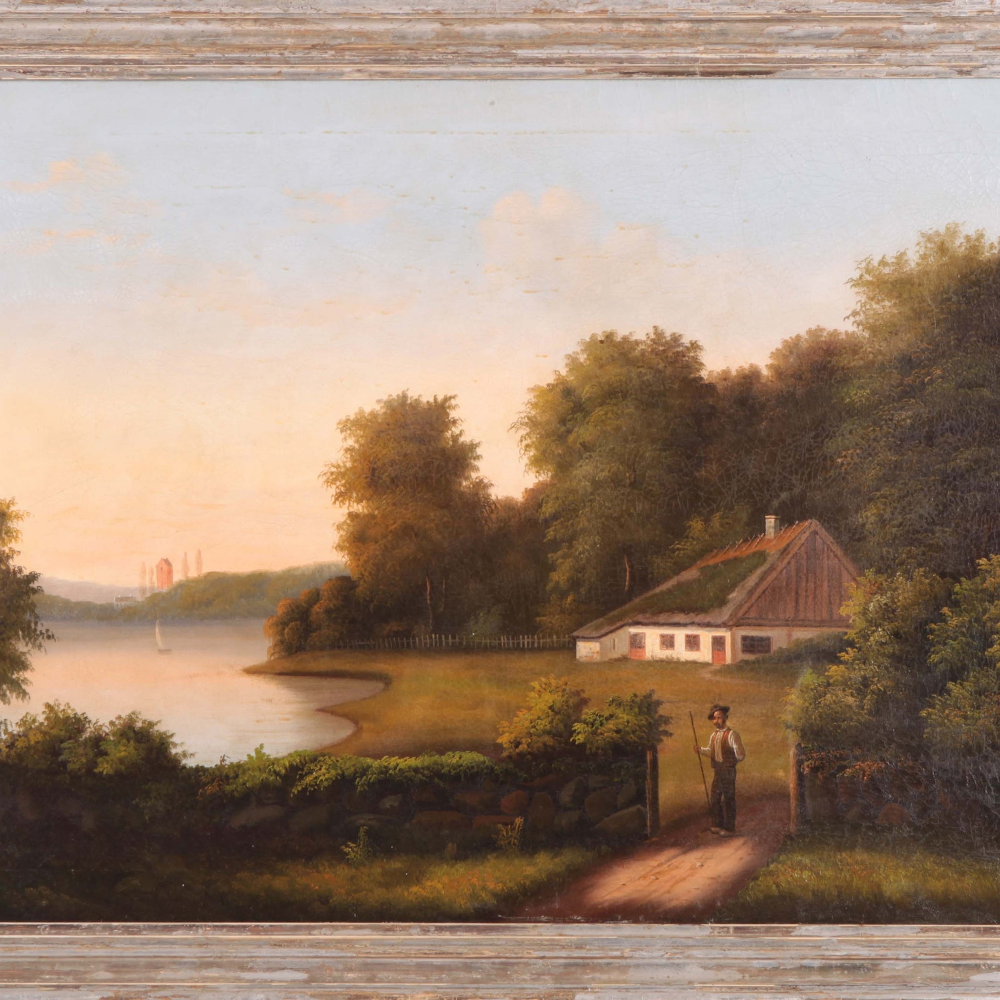 Huile sur toile anglaise ancienne de 1800 à 1900 représentant un paysage rural