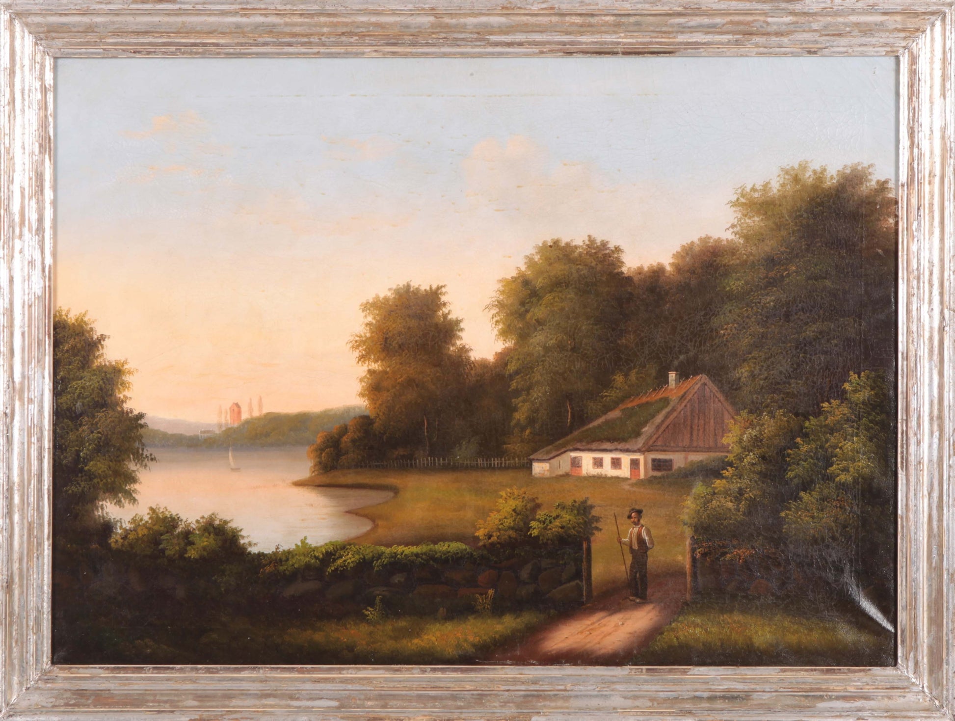 Antico olio su tela inglese 1800 1900 raffigurante paesaggio campestre