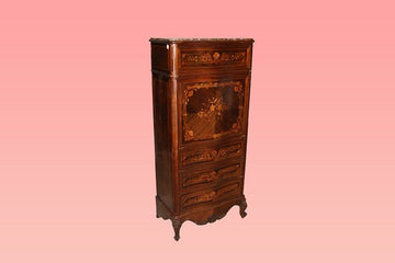 Antique secretaire desk chest from 1800 French Transition style heavily inlaid