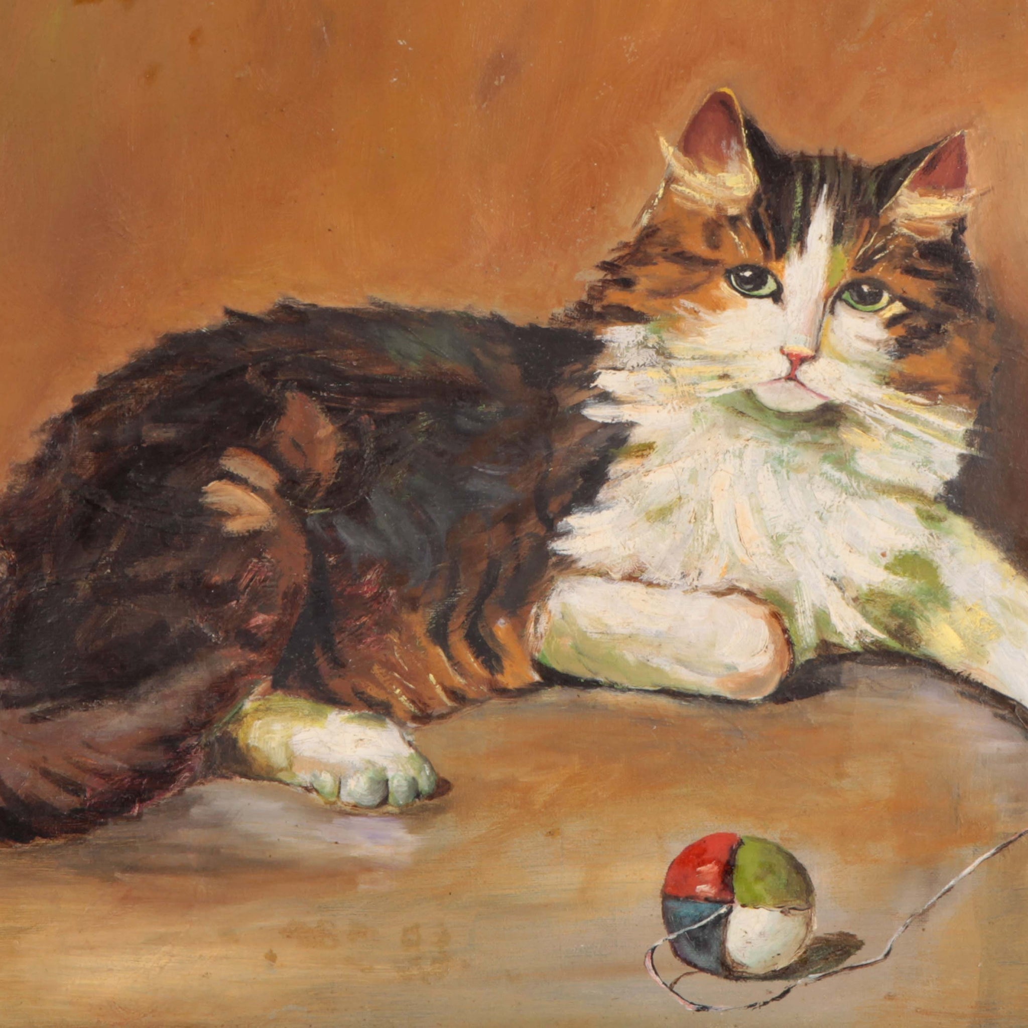 Antico olio su tela di inizio 1900 raffigurante gatto con gomitolo