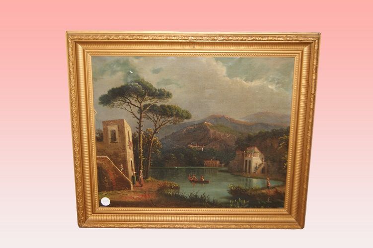 Huile sur toile paysage des années 1800 avec rivière, montagnes et personnages