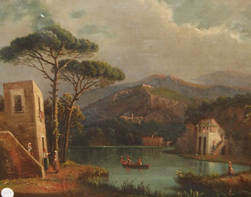 Huile sur toile paysage des années 1800 avec rivière, montagnes et personnages