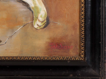 Antique oil on canvas from the early 1900s depicting a cat with a ball of yarn