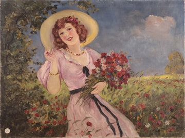 Huile sur toile ancienne du début des années 1900 représentant un personnage féminin