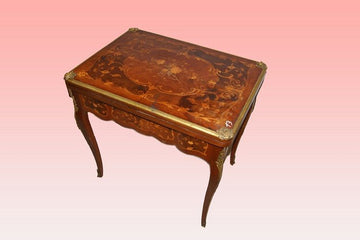 French 1800s Louis XV card table in marquetry and bronze