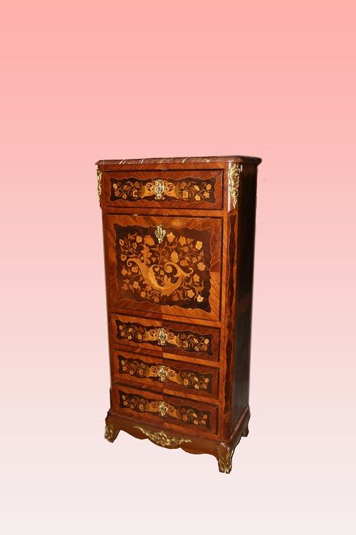 Secretaire stile Napoleone III intarsiato bronzo e piano marmo 1800