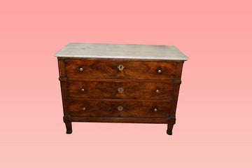 Antique French 19th century Empire style chest of drawers in walnut with marble