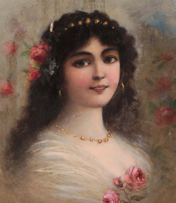 Olio su tela ritratto di donna con rose