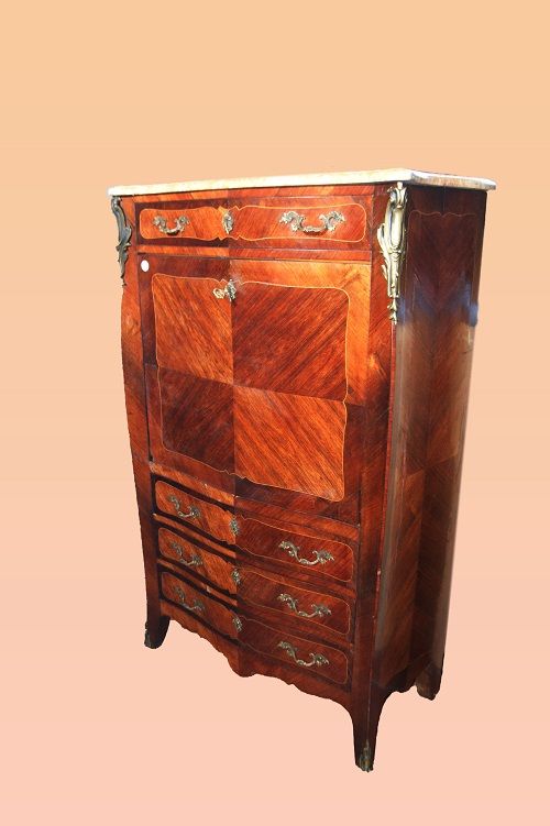 Grande secretaire antico stile Luigi XV del 1800 con marmo e bronzi