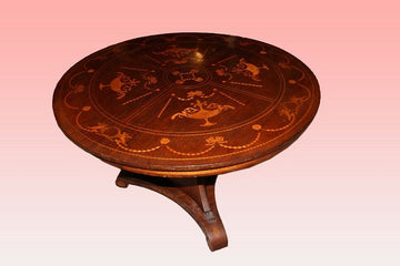 Table basse ancienne en acajou richement marqueté du 19ème siècle