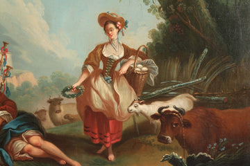 Huile sur toile de 1700 représentant des personnages et des animaux