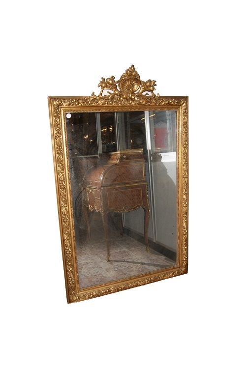 Antica grande specchiera dorata del 1800 Luigi XVI francese cimasa