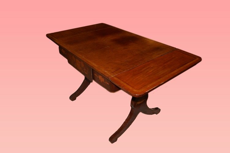 Antico tavolino regency del 1800 con alette intarsiato in mogano 