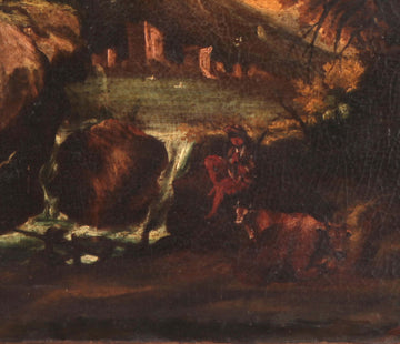 Huile sur toile italienne de 1600 paysage avec tour et lac