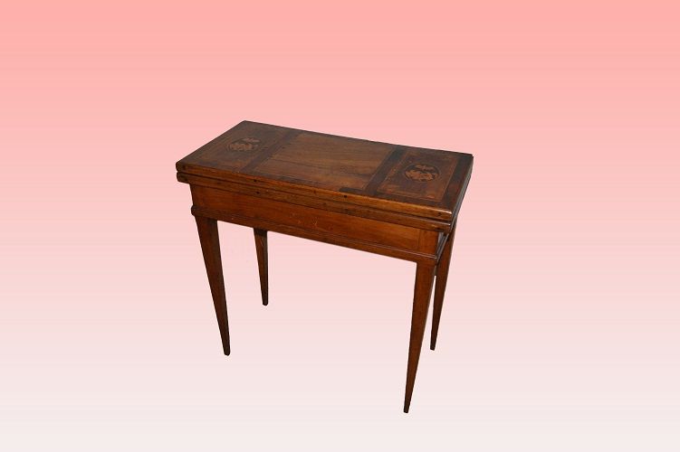Antico tavolino da gioco francese intarsiato di inizio 1800