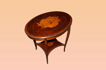 Table basse ovale anglaise antique du 19ème siècle en acajou marqueté victorien