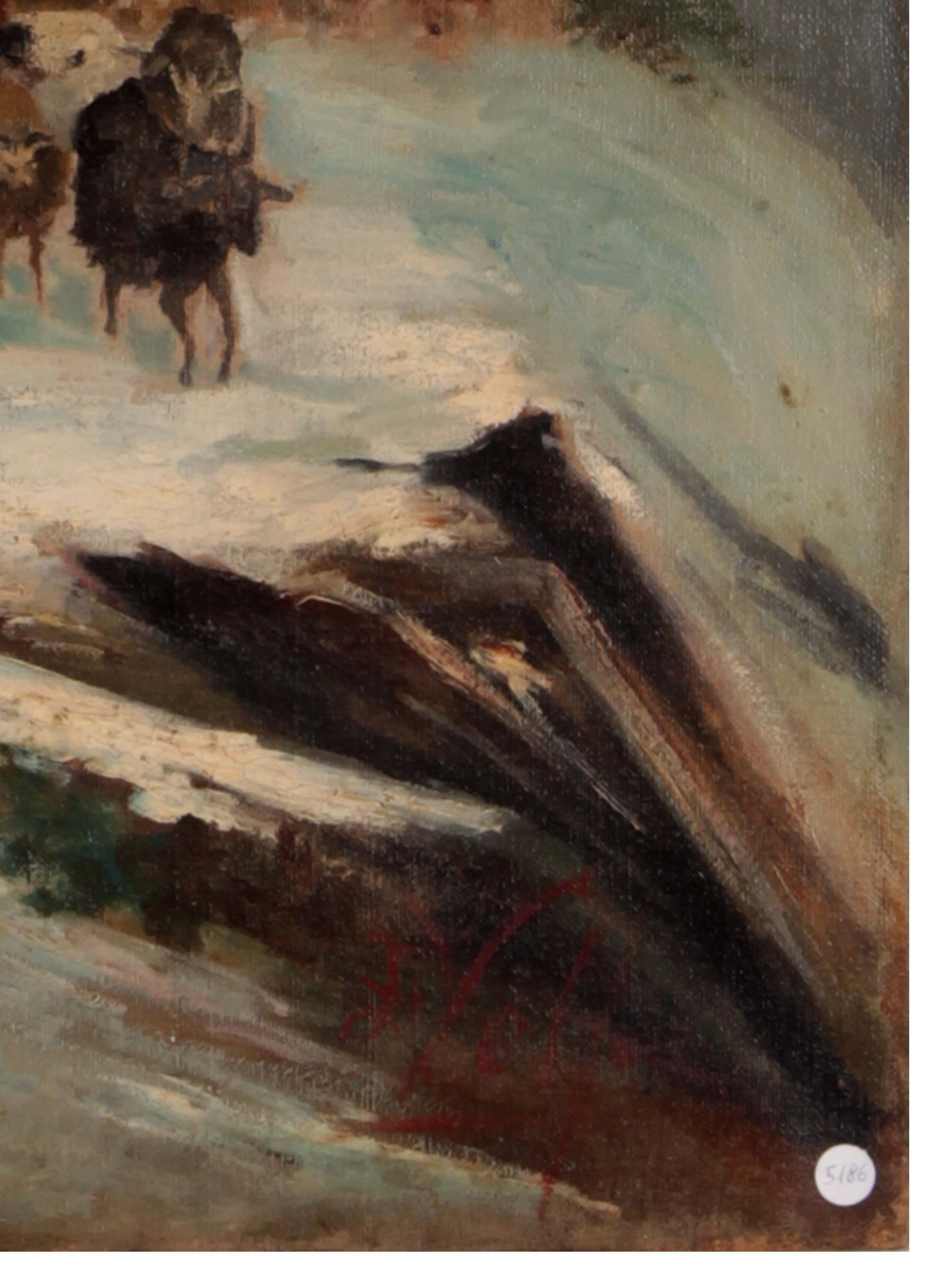 Antico olio su tela raffigurante paesaggio montano innevato e animali