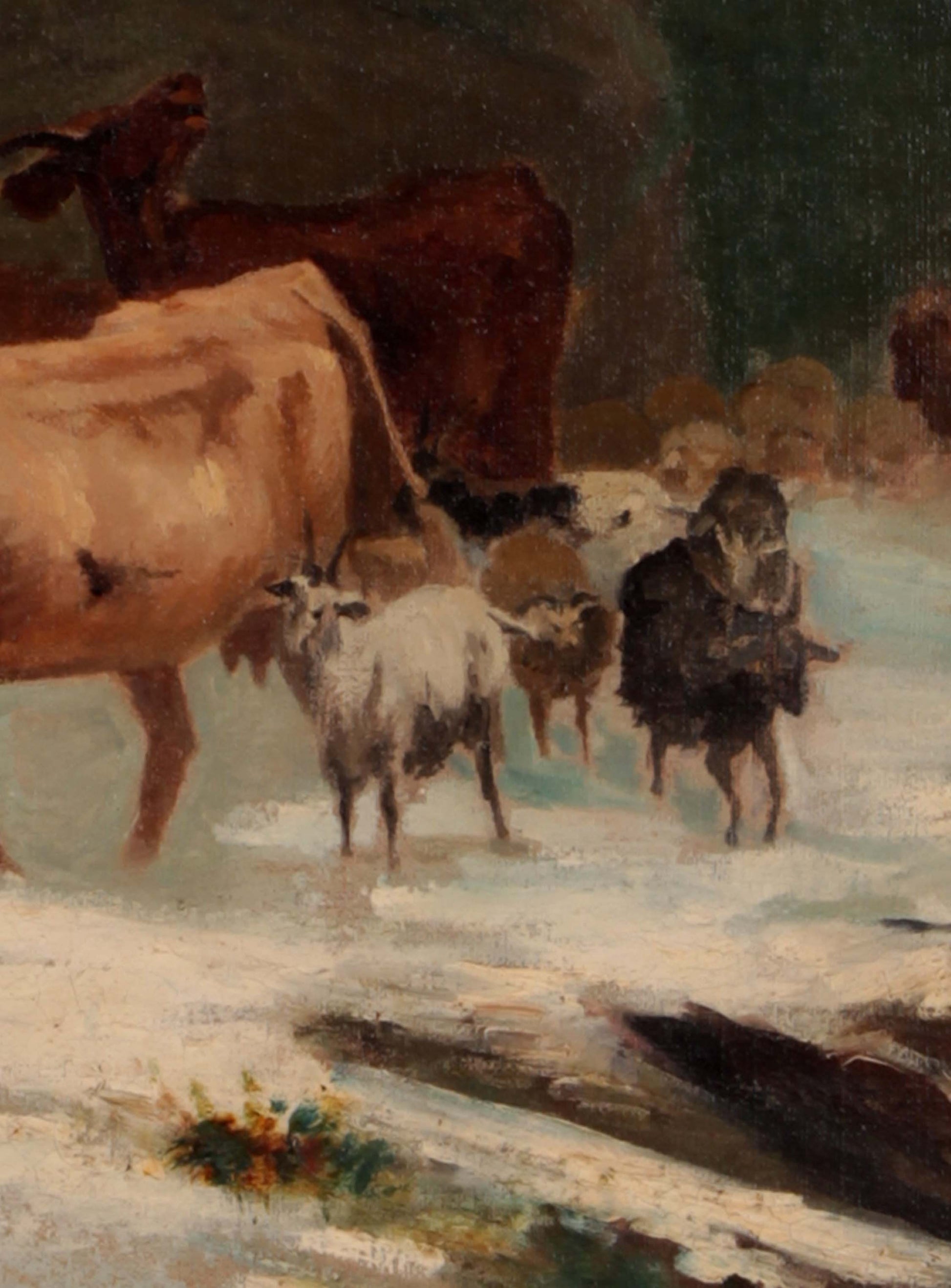 Antico olio su tela raffigurante paesaggio montano innevato e animali