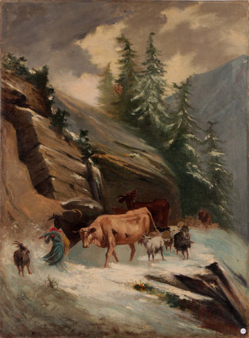 Ancient oil painting depicting a snowy mountain landscape and animals