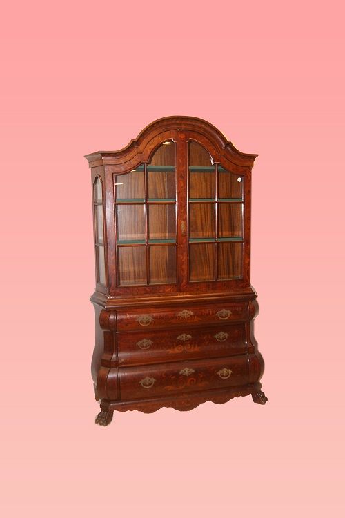 Trumeau vetrina di inizio 1900 olandese in legno mogano intarsiato 