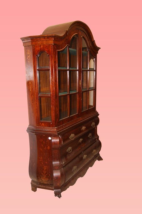 Trumeau vetrina di inizio 1900 olandese in legno mogano intarsiato 