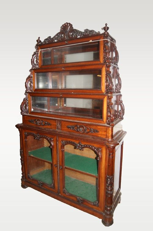 Antica credenza doppio corpo vetrina francese del 1800 in mogano
