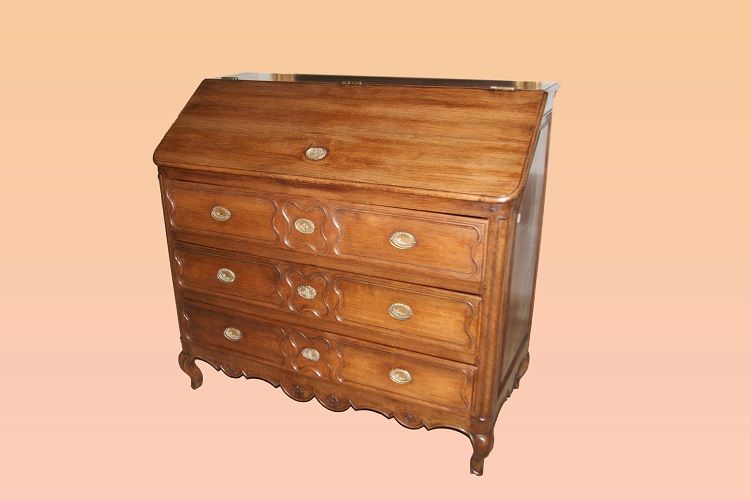 Antica ribalta francese del 1700 in rovere con intagli e ottoni