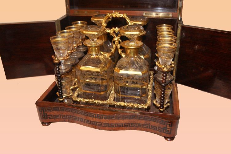 Antica scatola porta liquori francese del 1800 completa intarsiata 