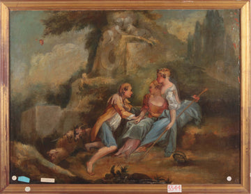 Huile sur toile française antique 1800 représentant une scène galante
