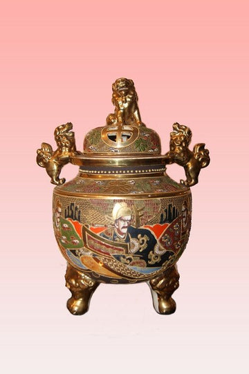 Antique Japanese gilded essence burning vase from the 1800s with characters