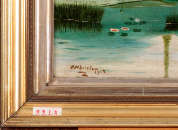 Antique English oil painting from the early 1900s depicting a city with a lake