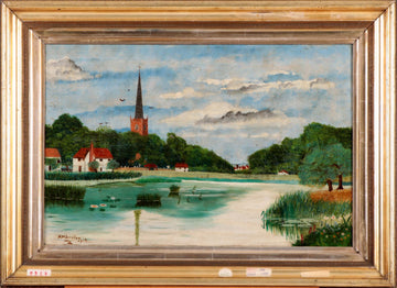 Antique English oil painting from the early 1900s depicting a city with a lake
